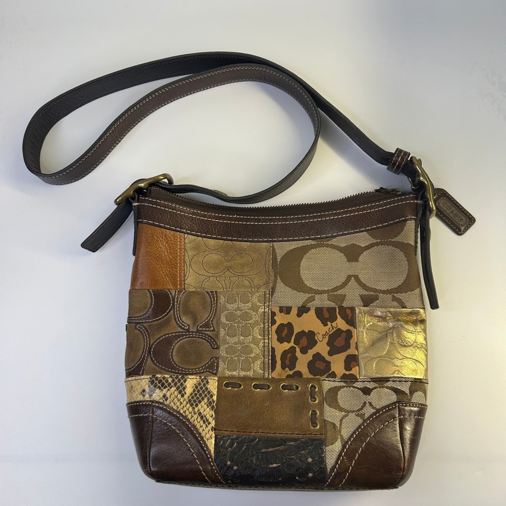 Coach Holiday Patchwork Brown Leather Suede Shoulder Bag F12840 Good